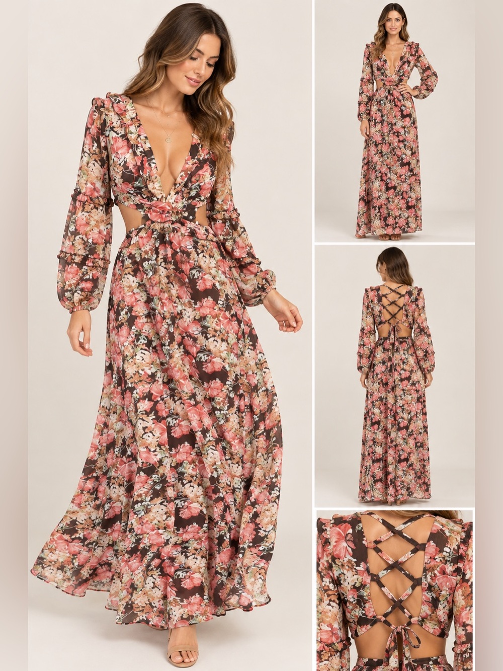 Floral Maxi Dress Long Sleeve Open Back Lace Up Boho Festival Sz Medium